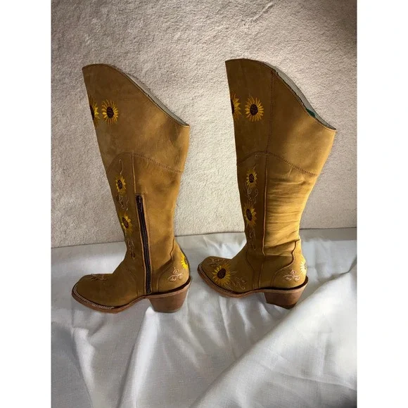 El General 1901 Sunflower Embroidered Tall Western Boots Tan Leather Womens 6 - Picture 4 of 13